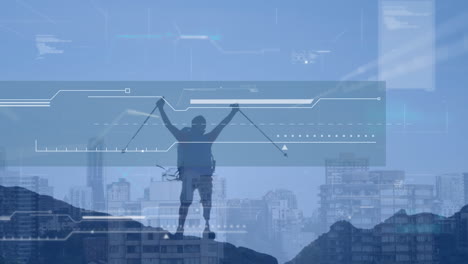 interfaz digital con procesamiento de datos contra el hombre trekking en las montañas