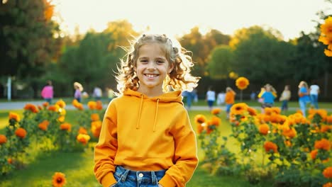 a young girl with blonde curly hair is smiling happily in a field of flowers.