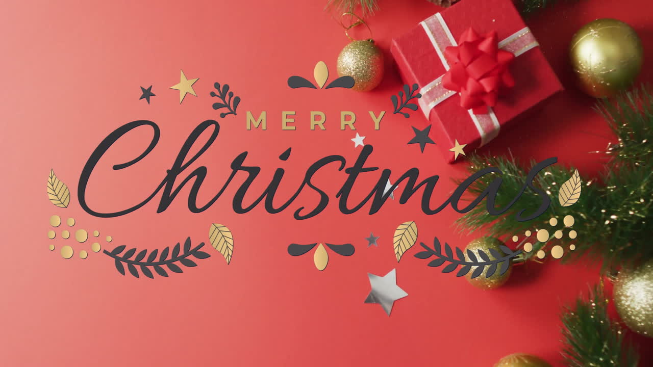 Animation of merry christmas text over christmas baubles and present