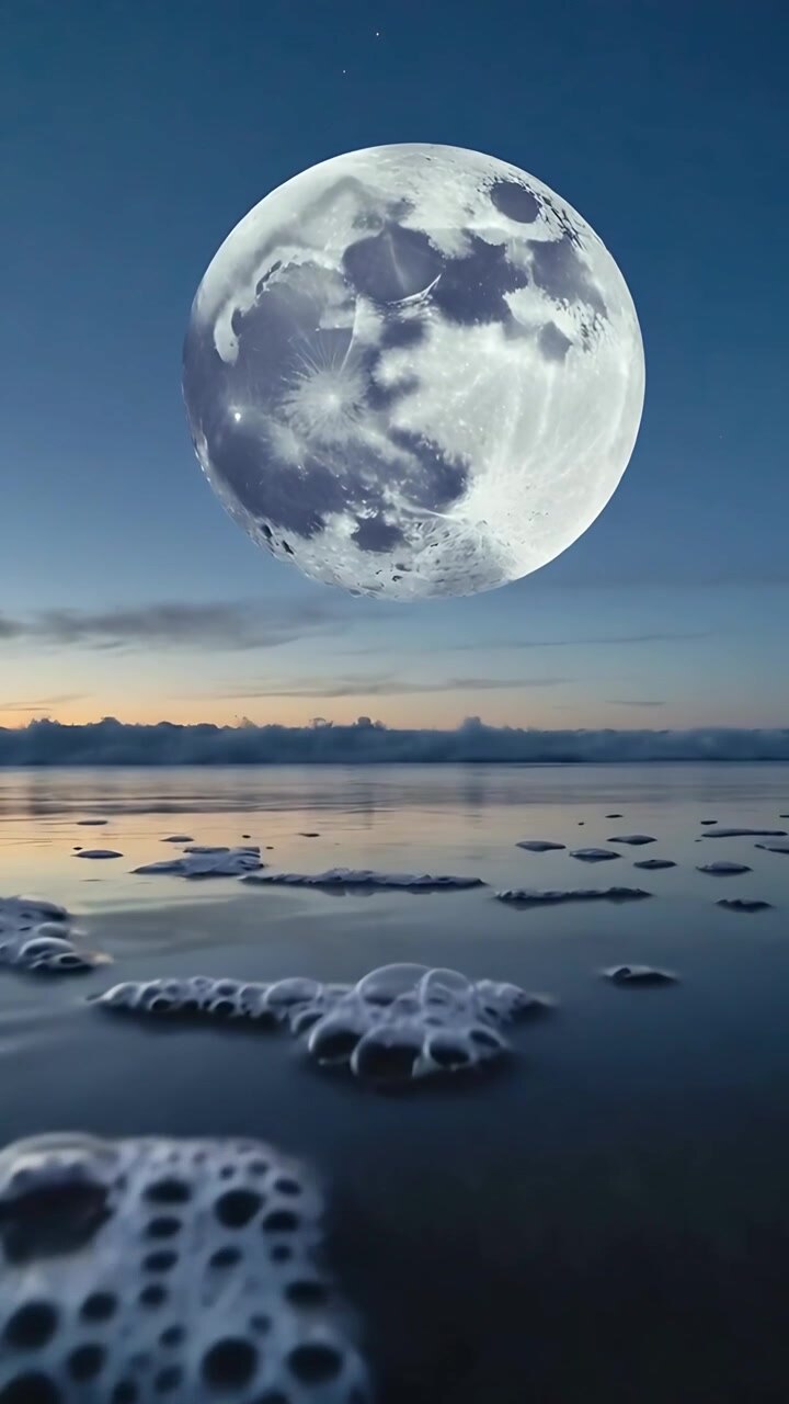 Vídeo vertical: Lua cheia nascendo sobre a costa enquanto o pôr do sol se desvanece, projetando brilho lunar e espuma.