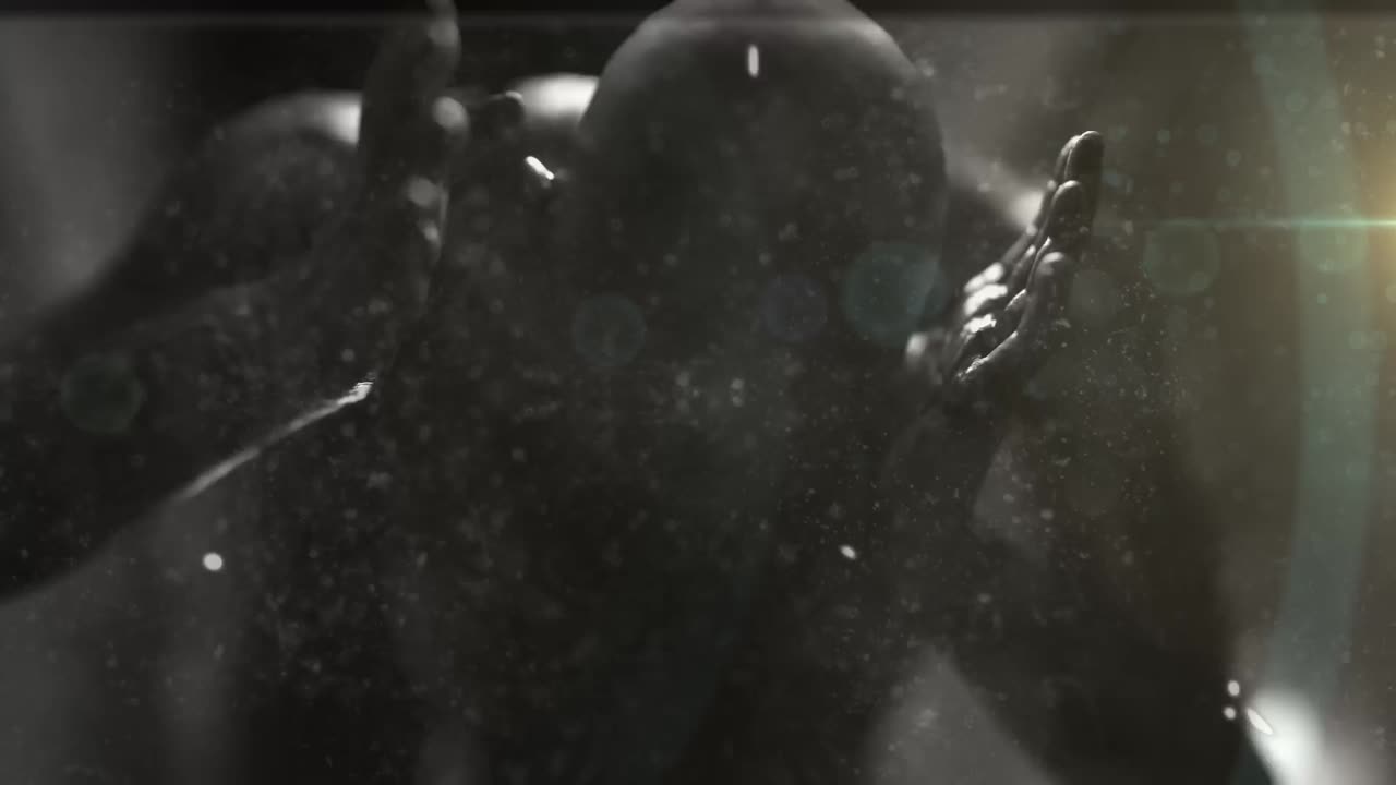 animación de una película dañada de una figura zombie aterradora en una habitación oscura sosteniendo la cabeza con dolor, en blanco y negro