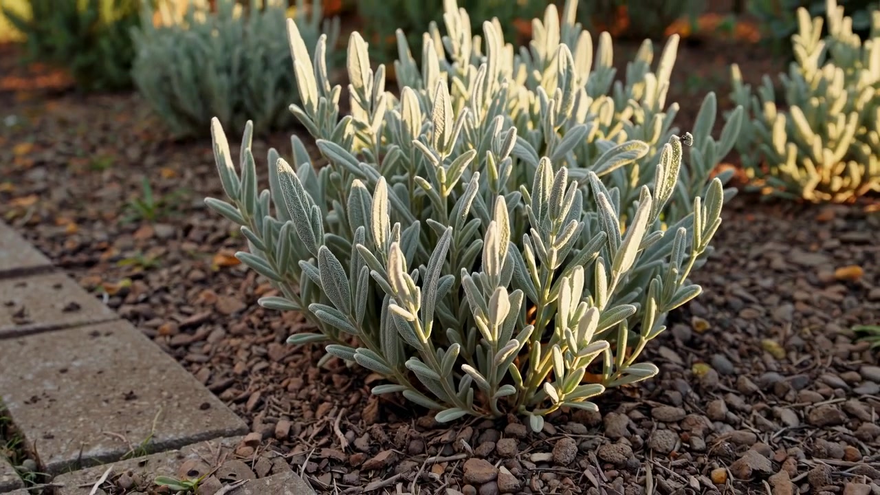 Primo piano di una pianta di salvia argentata in un giardino al tramonto