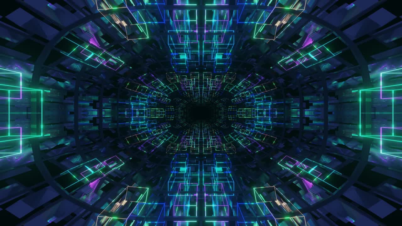 4k seamless looped animation. Fly through mirror symmetrical tunnel with neon pattern, sci fi glow pattern. Bright reflection neon light. Simple bright background, sci fi structure