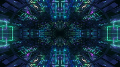 animación en bucle sin costuras de 4k. vuela a través de un túnel simétrico de espejo con patrón de neón, patrón de brillo de ciencia ficción. luz de neón de reflexión brillante. fondo brillante simple, estructura de ciencia ficción