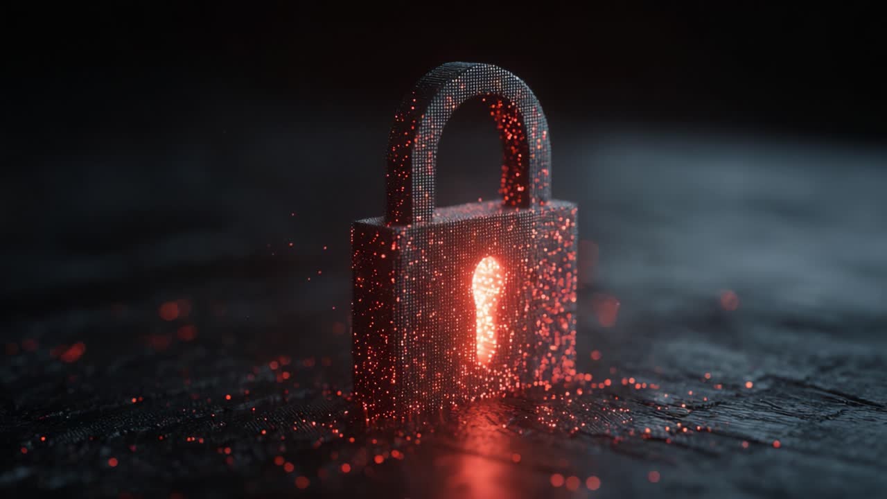 A Glowing Digital Padlock: The Representation of Security, Privacy, and Protection Amidst Sparkling Red Particles, Symbolizing the Importance of Safeguarding Information in a Tech-Savvy World