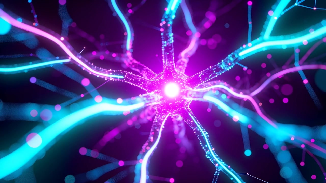 Nodo centrale pulsante e luminoso che illumina perle radianti lungo bracci ciano e magenta in uno spazio 3D scuro.