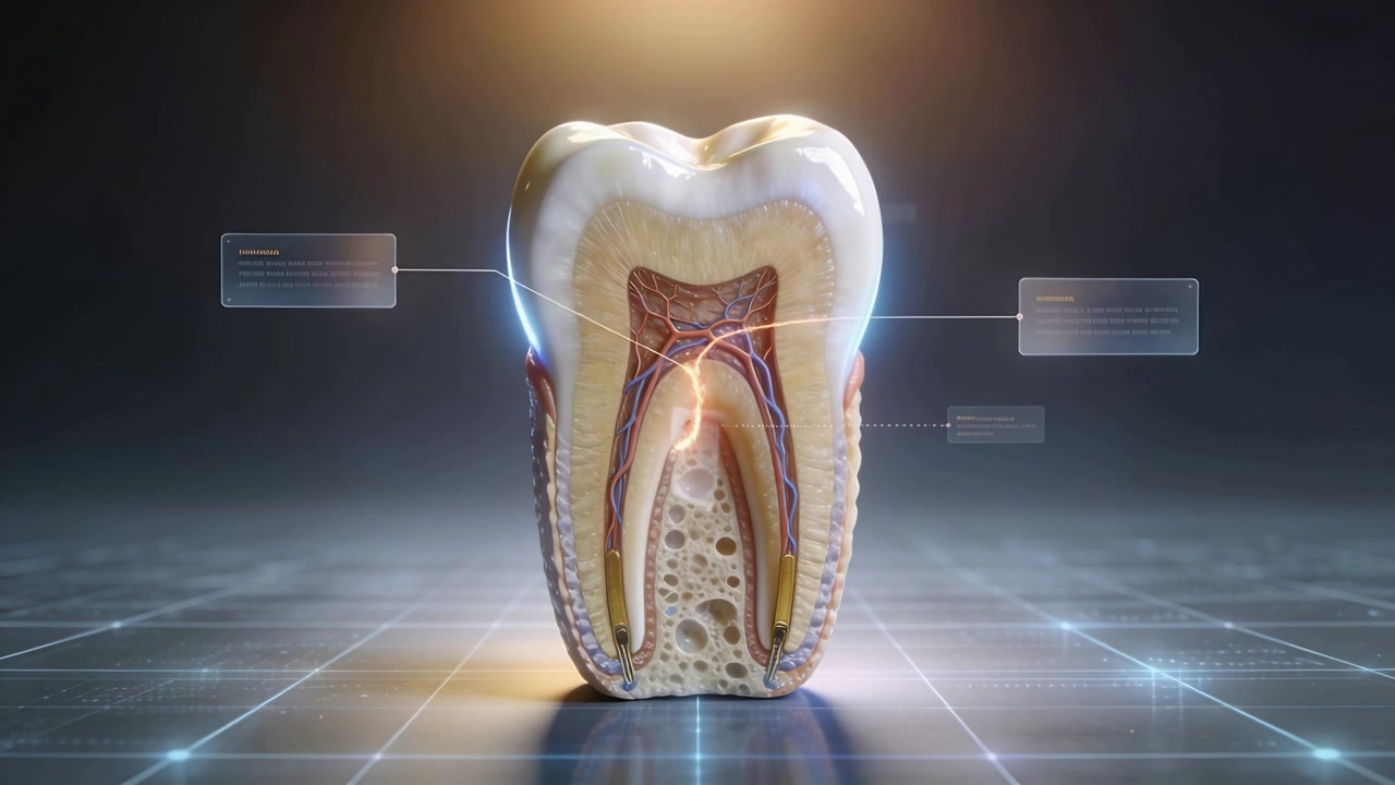 Sliding panels moving in from sides, pulsing lines linking, emphasizing 3D tooth pulp on grid floor