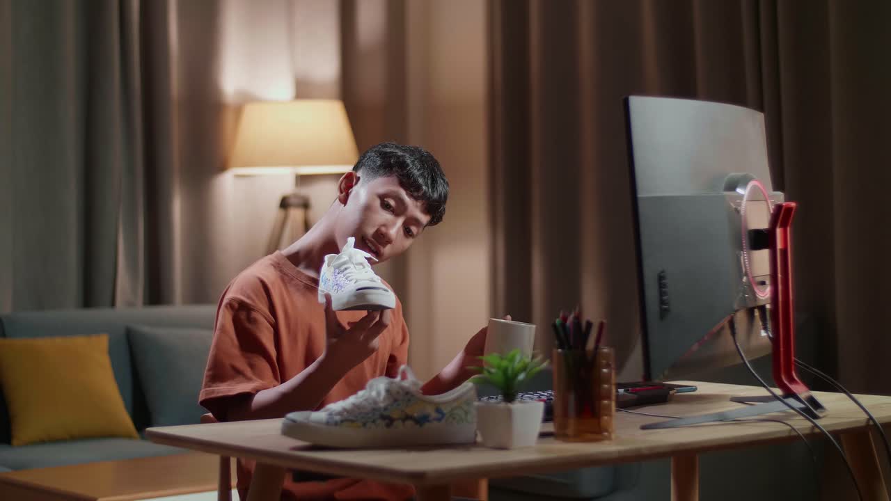 아시아 소년 신발 디자이너가 집에서 데스크 컴퓨터에서 일하면서 커피를 마시고 있습니다.