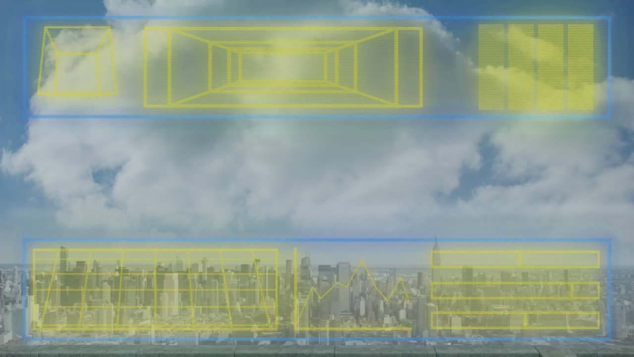 Digital holographic interface overlay hovering above roof skyline, showing wireframe data panels