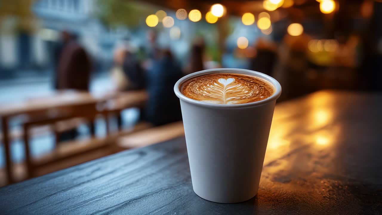 Una tazza calda di caffè con una schiuma artistica, esposta alla perfezione su uno sfondo sociale sfocato, che invita lo spettatore a godersi un momento di piacevole relax