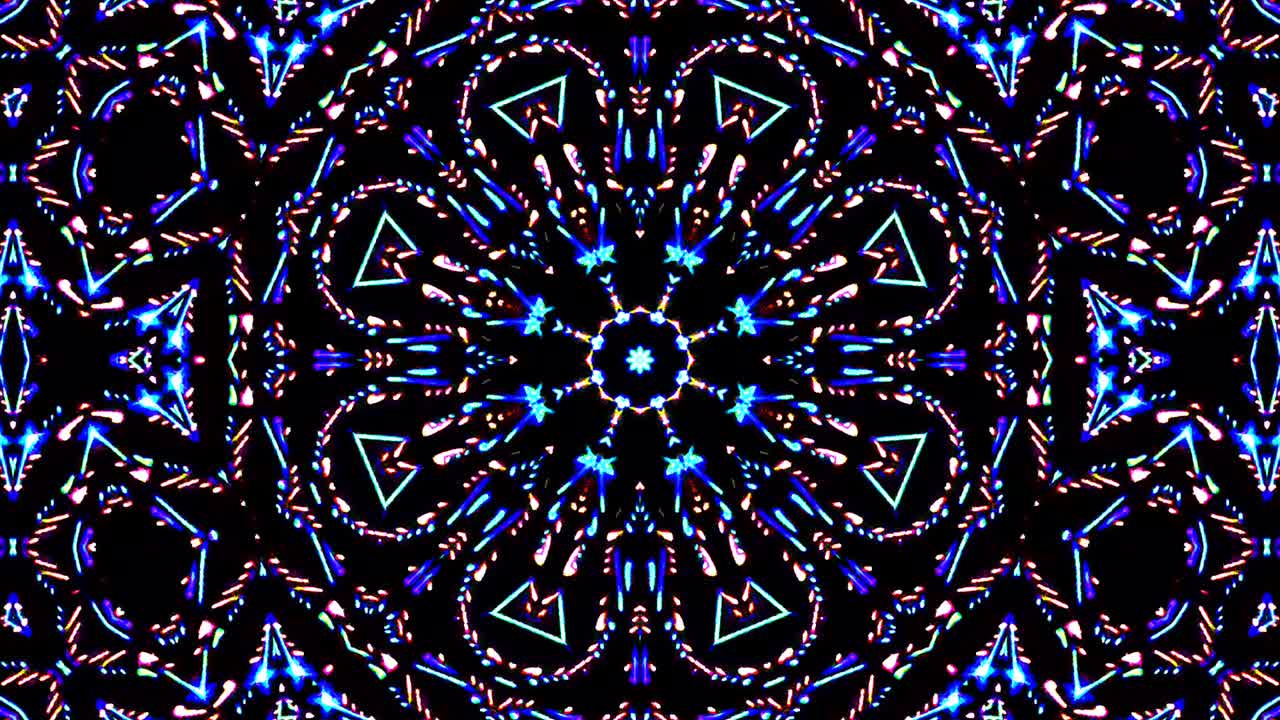 Lindo caleidoscópio abstrato que brilha, uma luz radiante que regula os movimentos sutis