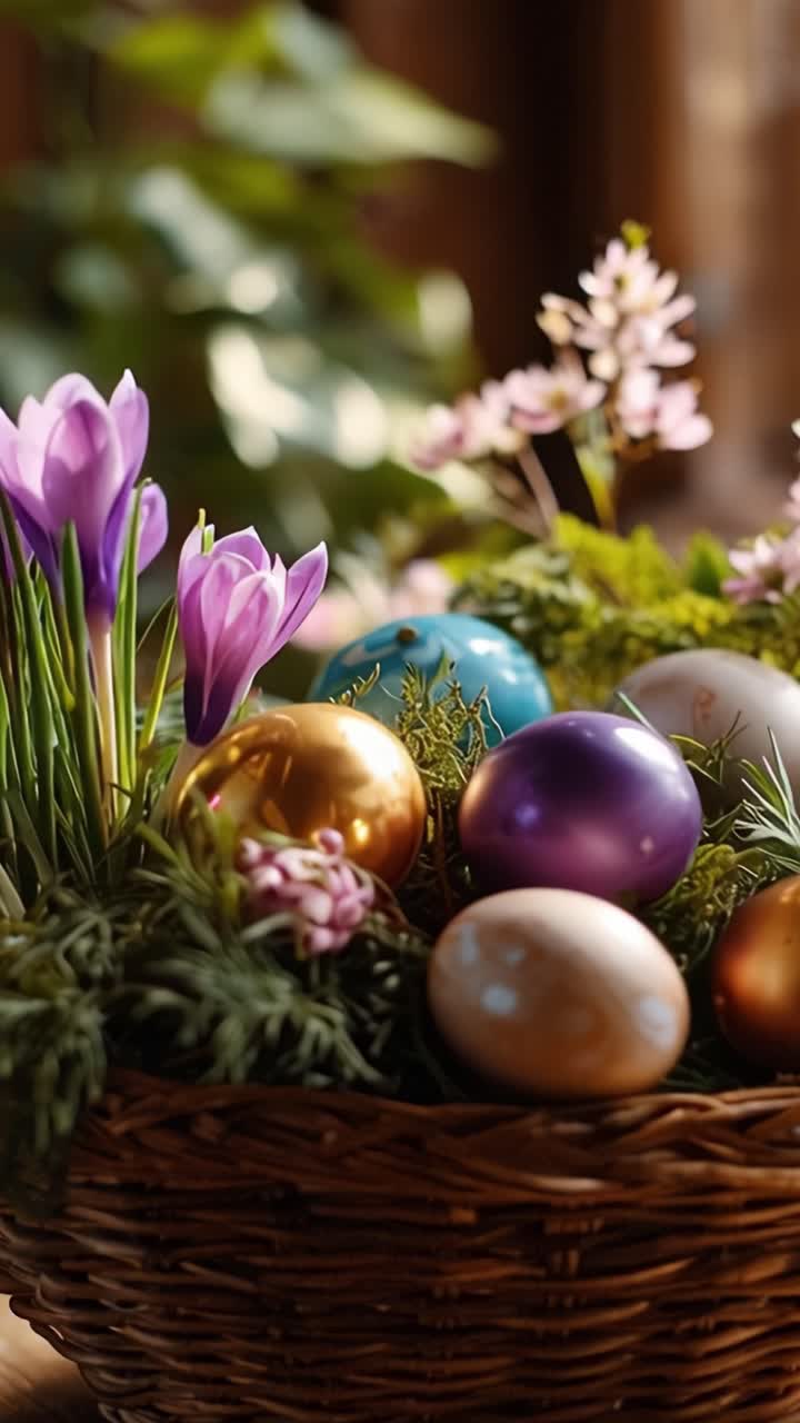A Beautiful Arrangement of Colorful Easter Eggs Surrounded by Fresh Flowers in a Rustic Basket Captures the Essence of Spring Celebrations and Festivities