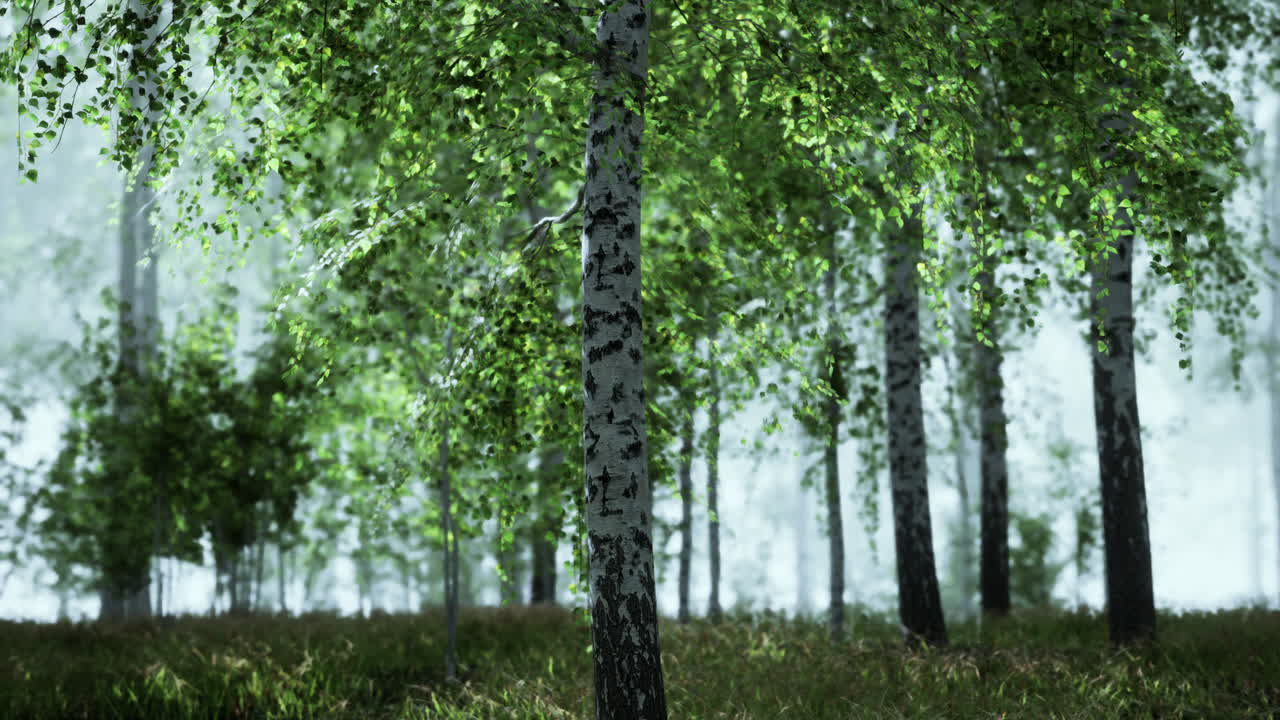 туманный березовый лес