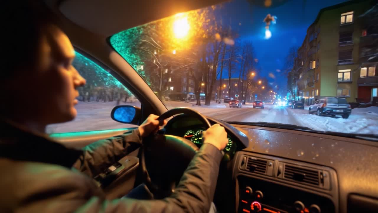 A Driver's Perspective: Navigating Through a Snowy Urban Landscape at Night, Capturing the Beauty of City Lights Reflected on the Windshield in a Challenging Winter Driving Experience