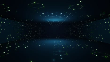 geometric neon lines in motion with dots network and hexagon. futuristic abstract background for medical, business, engineering, science, technology concept.