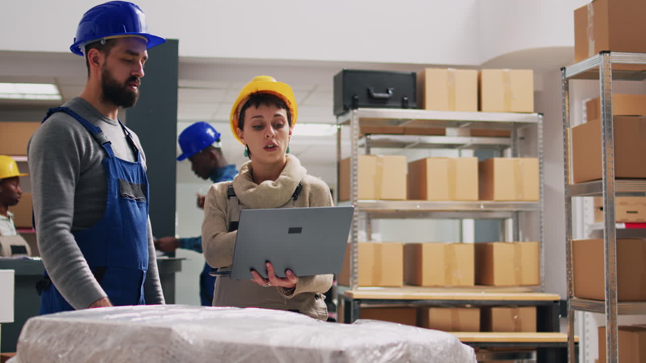 Warehouse workers discussing logistics