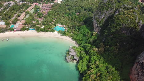 vivid railay beach, krabi, thailand, aerial view on turquoise sea, white sand and green rainforest in tropical paradise