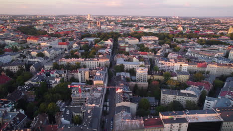 Krakow-downtown-district-and-old-town-at-sunrise,-Poland,-Aerial-View