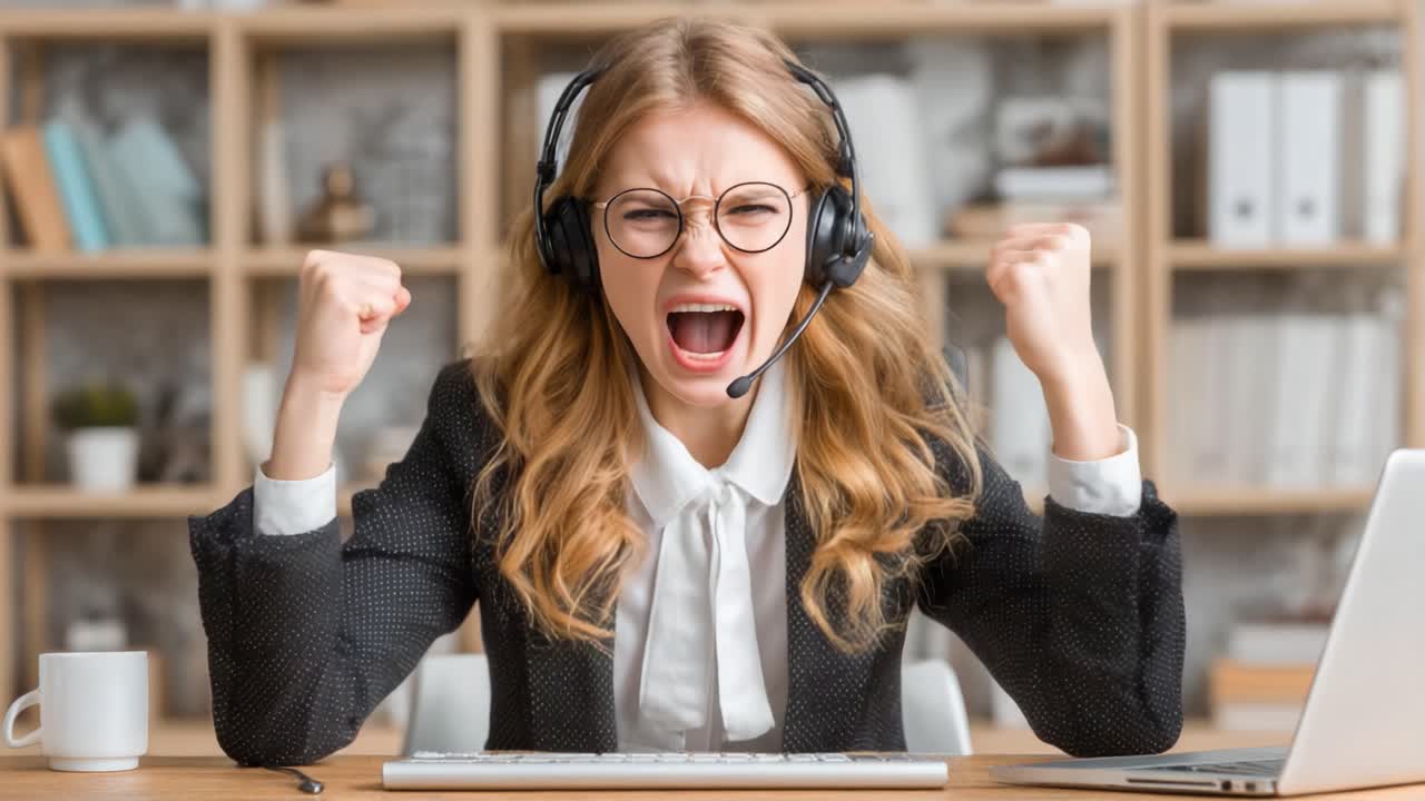 A frustrated young woman in a headset, expressing her emotions passionately while working at her desk, showcasing the intensity of remote communication challenges