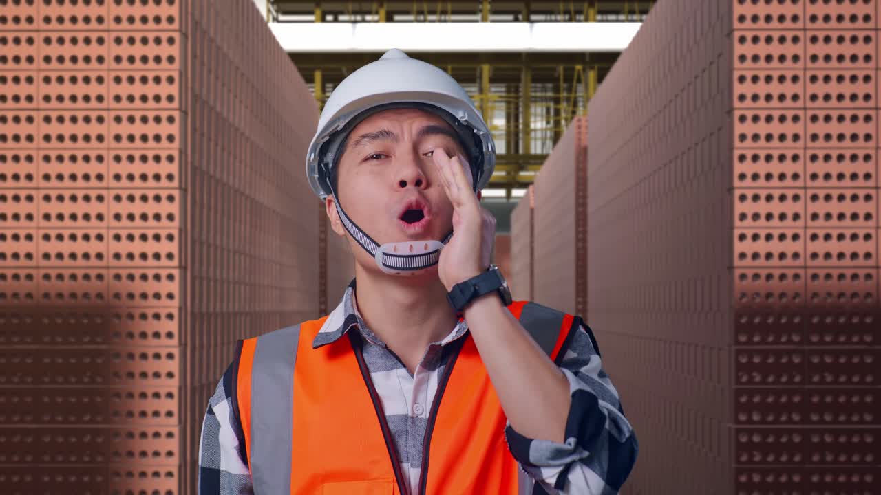 Close Up Of Asian Male Engineer With Safety Helmet Yelling With Hand Over Mouth While Standing With Red Brick Packed in Stacks Are Stored