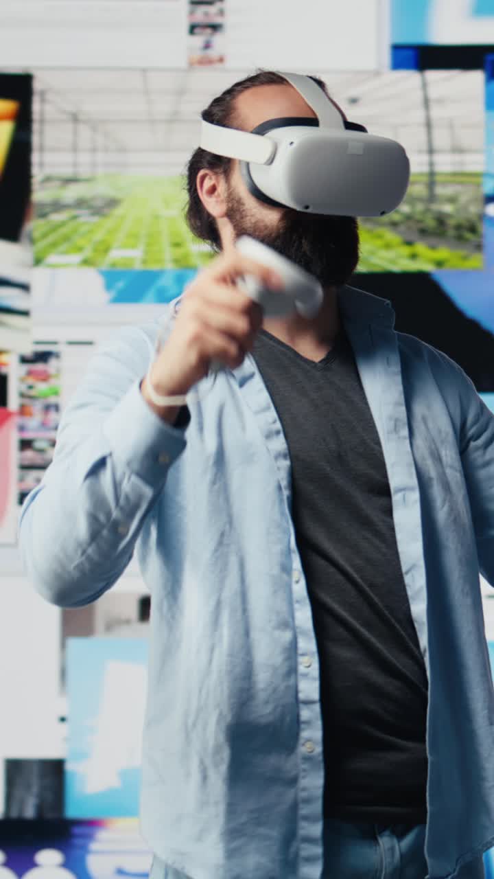 Vertical Video High tech person uses virtual reality headset for a 3d web design