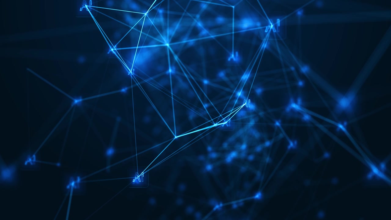 Artificial intelligence node visual with blue glowing connections polygon mesh and abstract digital