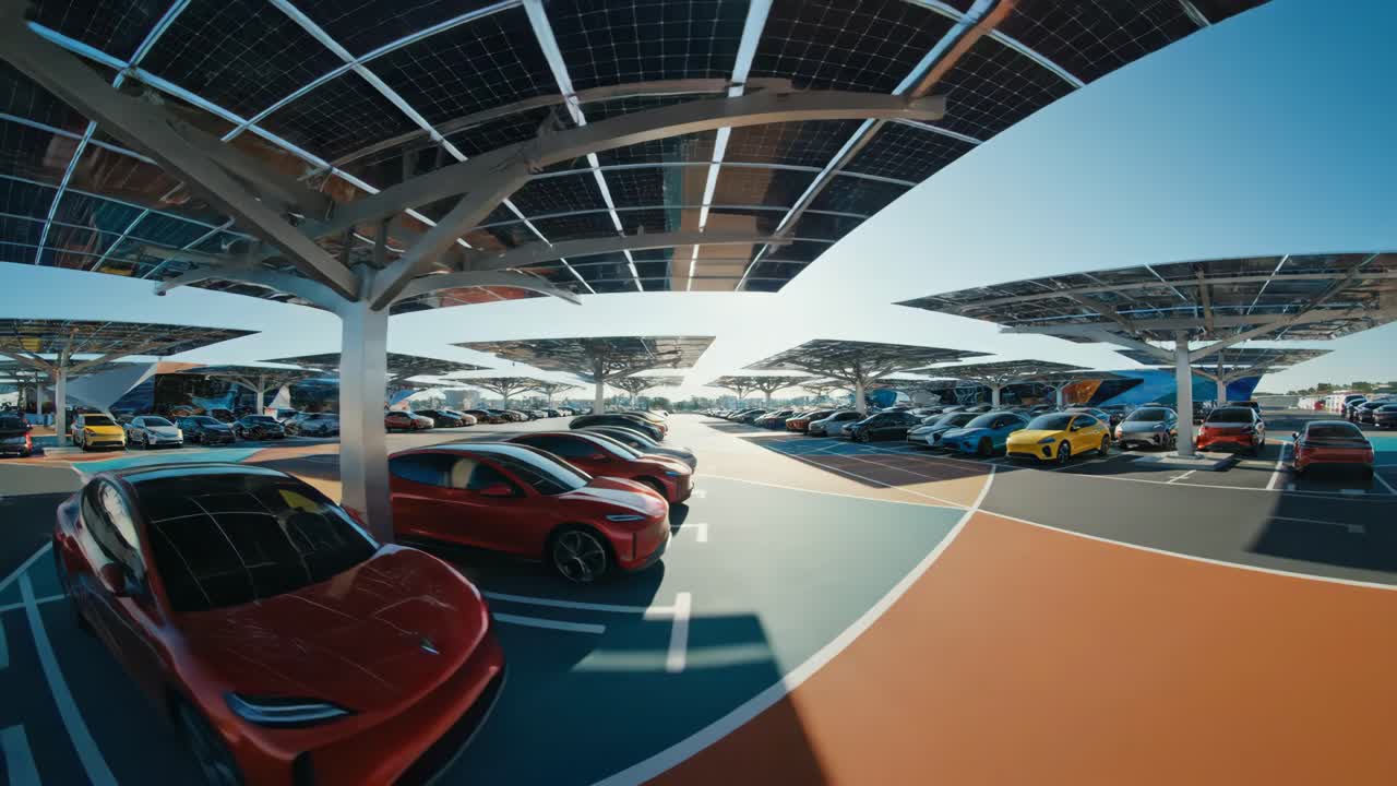 Parking lot with cars under solar panels