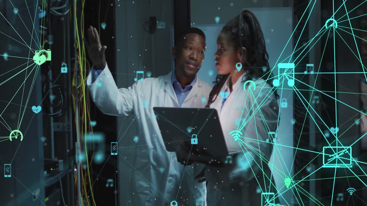 Animation of connections with icons over african american man and woman working in server room