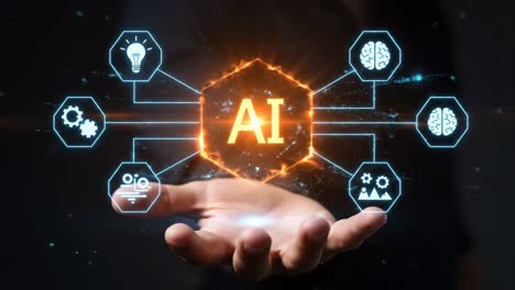 businessman presenting an artificial intelligence interface with fiery glowing icons