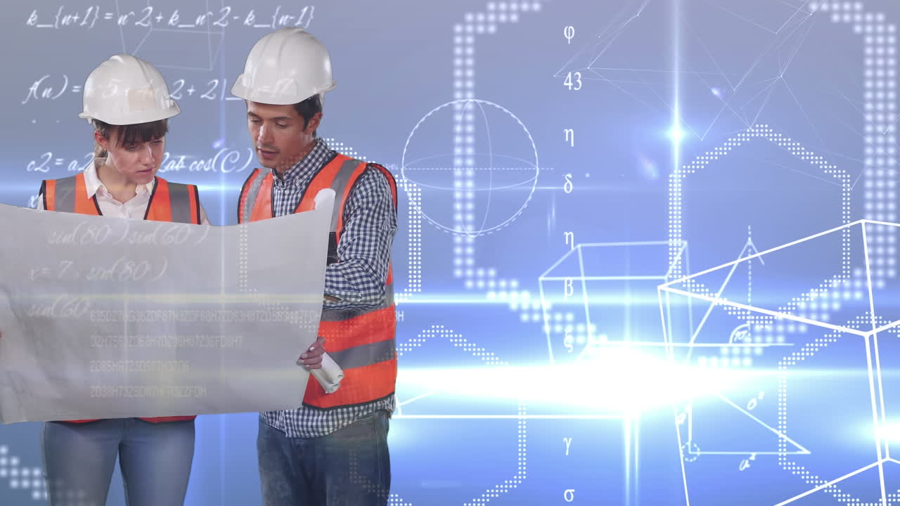 анимация математических уравнений над кавказскими рабочими с схемой