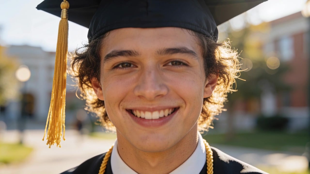 Laureato sorridente con tocco, nappa dorata, cordoni d'onore che segnano la laurea, mentre la telecamera zooma sul campus.