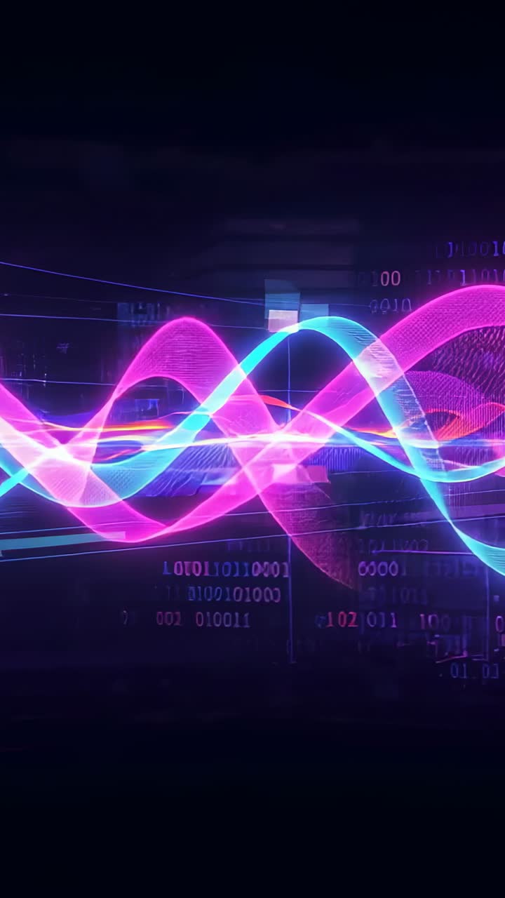 Vertical video: Opening magenta cyan waveforms weaving at interface with panels and binary code