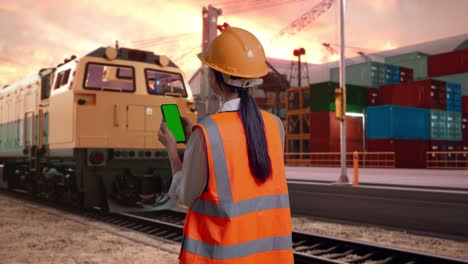 back view of asian female engineer with safety helmet working on a green screen smartphone and looking around with freight cargo train at port