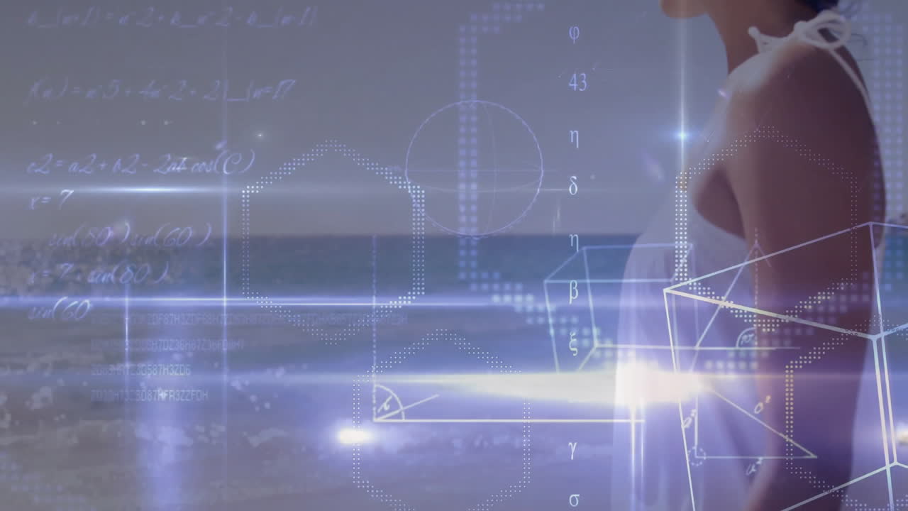 Animation of geometric shapes overlaying person looking at ocean horizon