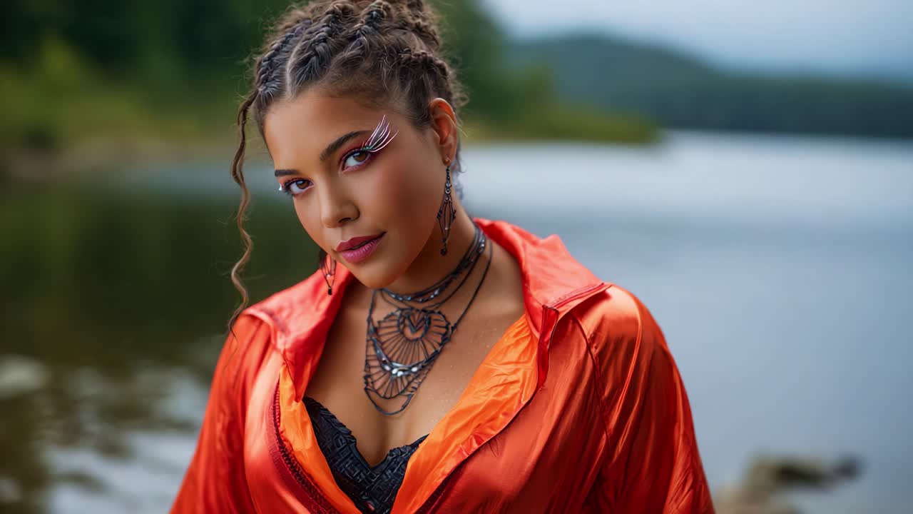 Striking Portrait of a Confident Young Woman by the Waterside, Showcasing Stunning Makeup, Unique Fashion, and Natural Beauty in a Scenic Outdoor Setting