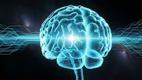 futuristic digital brain with neon visualization and data connections, representing technology, ai, and cognitive processes in a cosmic background