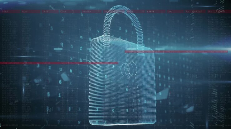 Animation of digital data processing over padlock on dark background