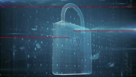 animation of digital data processing over padlock on dark background