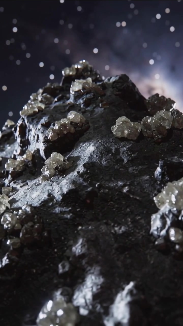 Video verticale: Telecamera inclinata che rivela una roccia con grappoli di cristalli nello spazio, con particelle di polvere alla deriva