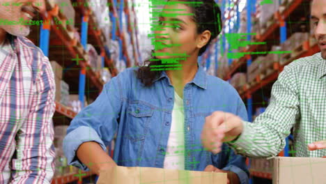 animation of data processing over diverse people working in warehouse