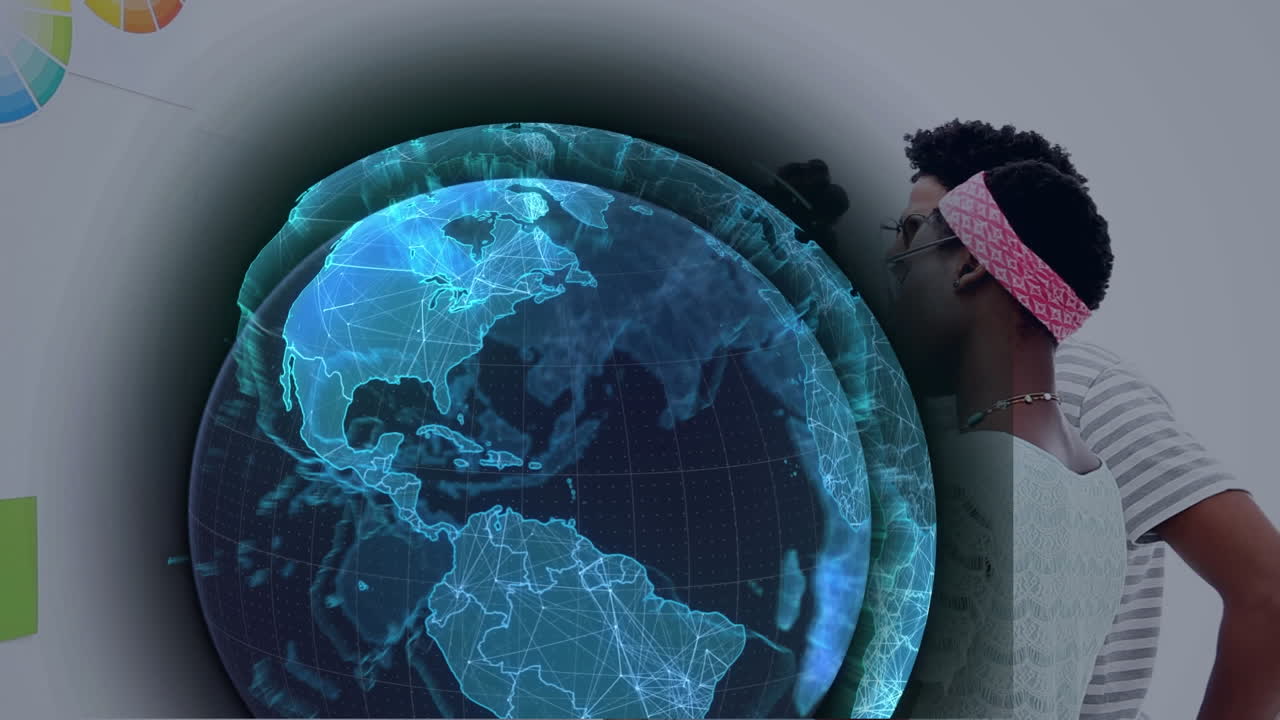 Animation of global network and scanner with clock processing data over diverse colleagues in office