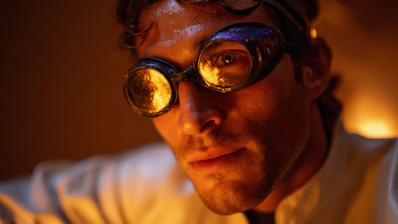 A close-up of a scientist or inventor wearing distinctive steampunk-style goggles, intensively focused on an intriguing experiment or project as dramatic lighting illuminates his determined expression