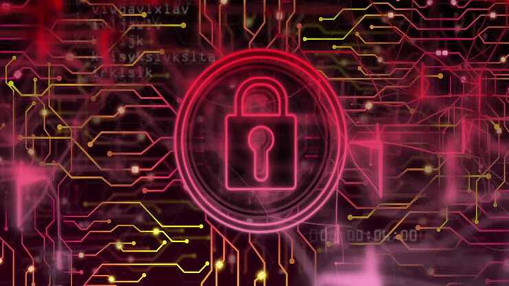 Animazione di lucchetto di sicurezza online, elaborazione dati su circuito stampato di computer