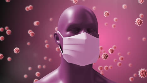 modelo de cara humana con máscara facial girando contra múltiples células de covid-19 en un fondo rosado