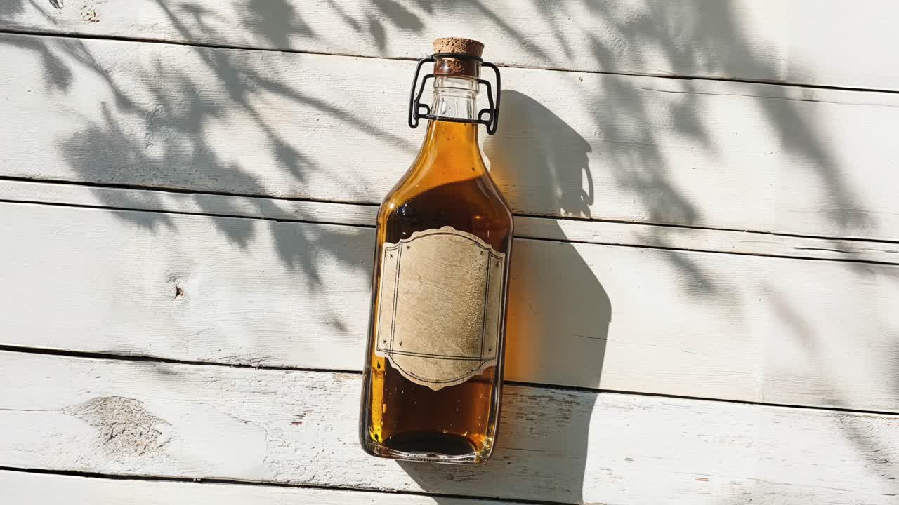 botella de vidrio vintage con corcho sobre fondo de madera