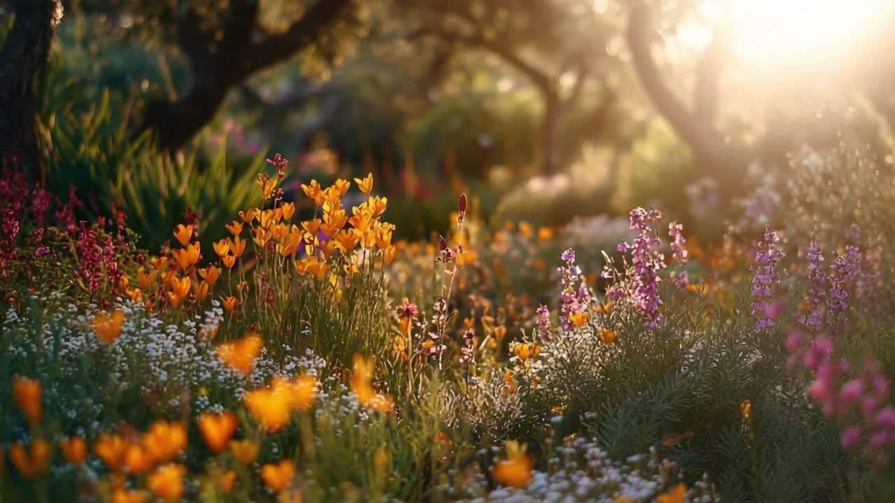 Vibrant spring flowers bloom in a scenic garden during sunset