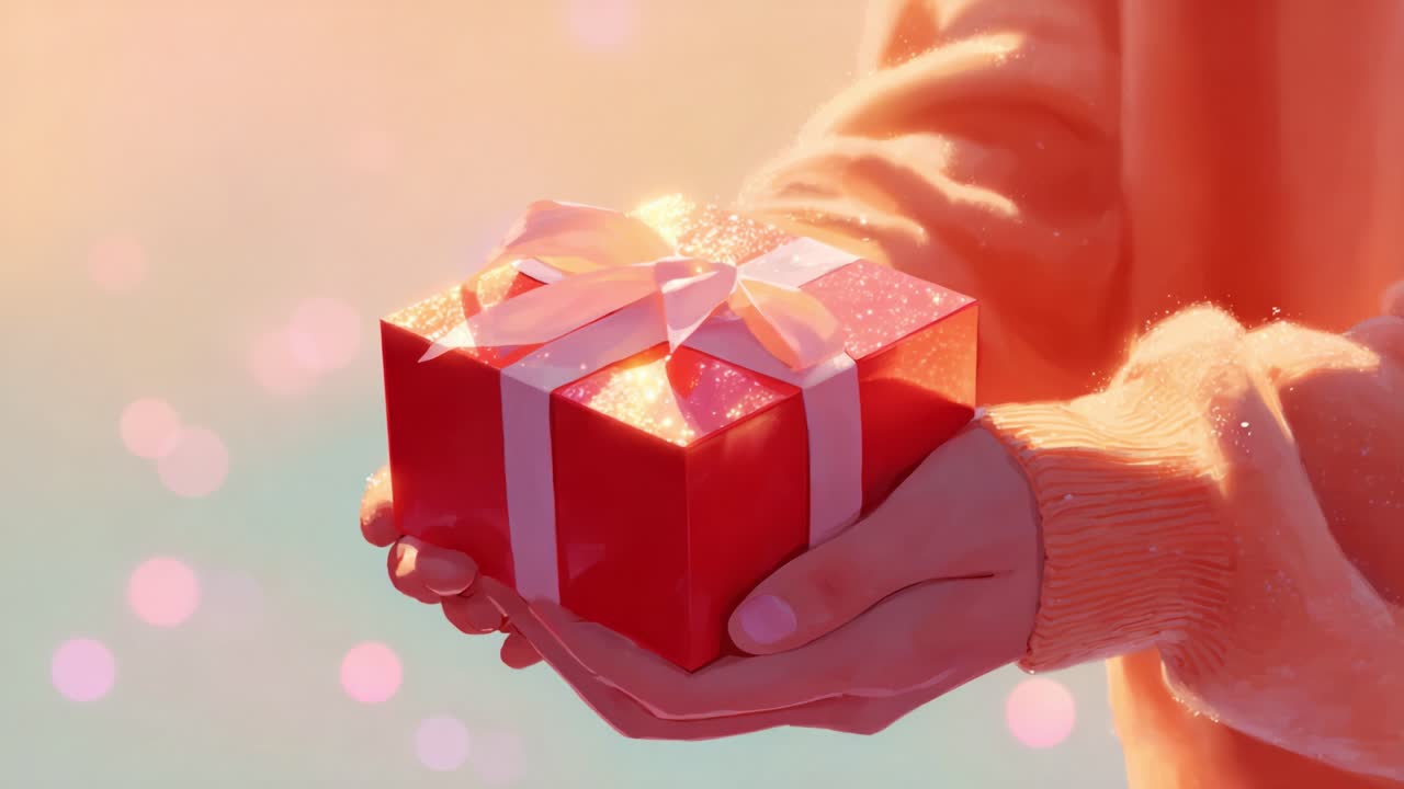 A beautifully wrapped gift box held with care, shimmering in soft light, symbolizing joy and celebration, perfect for special occasions filled with love and happiness