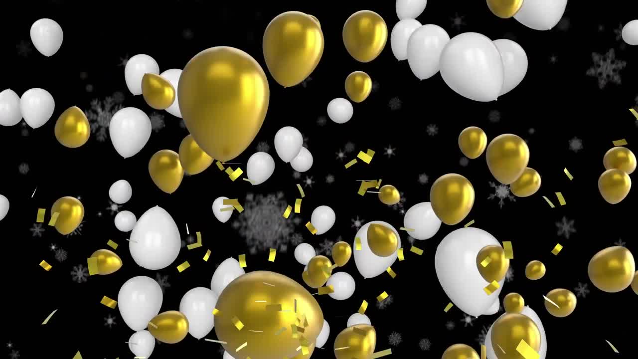 animación de confeti cayendo, copos de nieve y globos blancos volando sobre un fondo negro