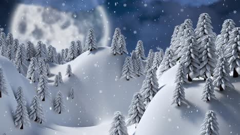 animation of multiple fir trees and mountains with snow falling on blue background