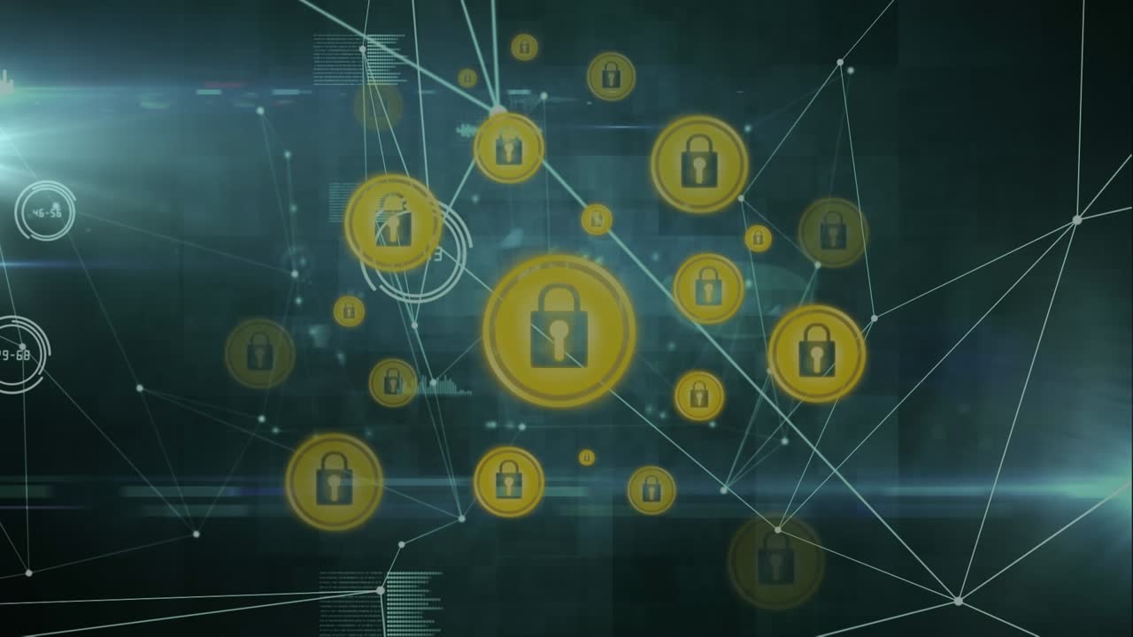 Animation of network of connections and padlock icons over data processing